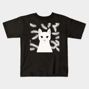 The cute white cat queen is watching you , white feathers on the black background Kids T-Shirt